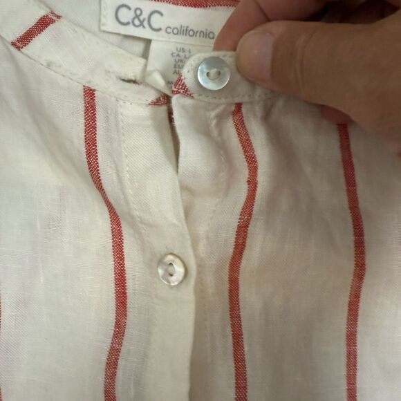 C&C California Red Striped 100% Linen Button Down Sleeveless Shirt Womens Large - Picture 4 of 9